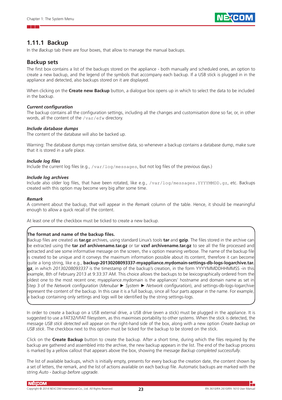 1 backup, Backup sets | NEXCOM IFA 1610 User Manual | Page 26 / 88
