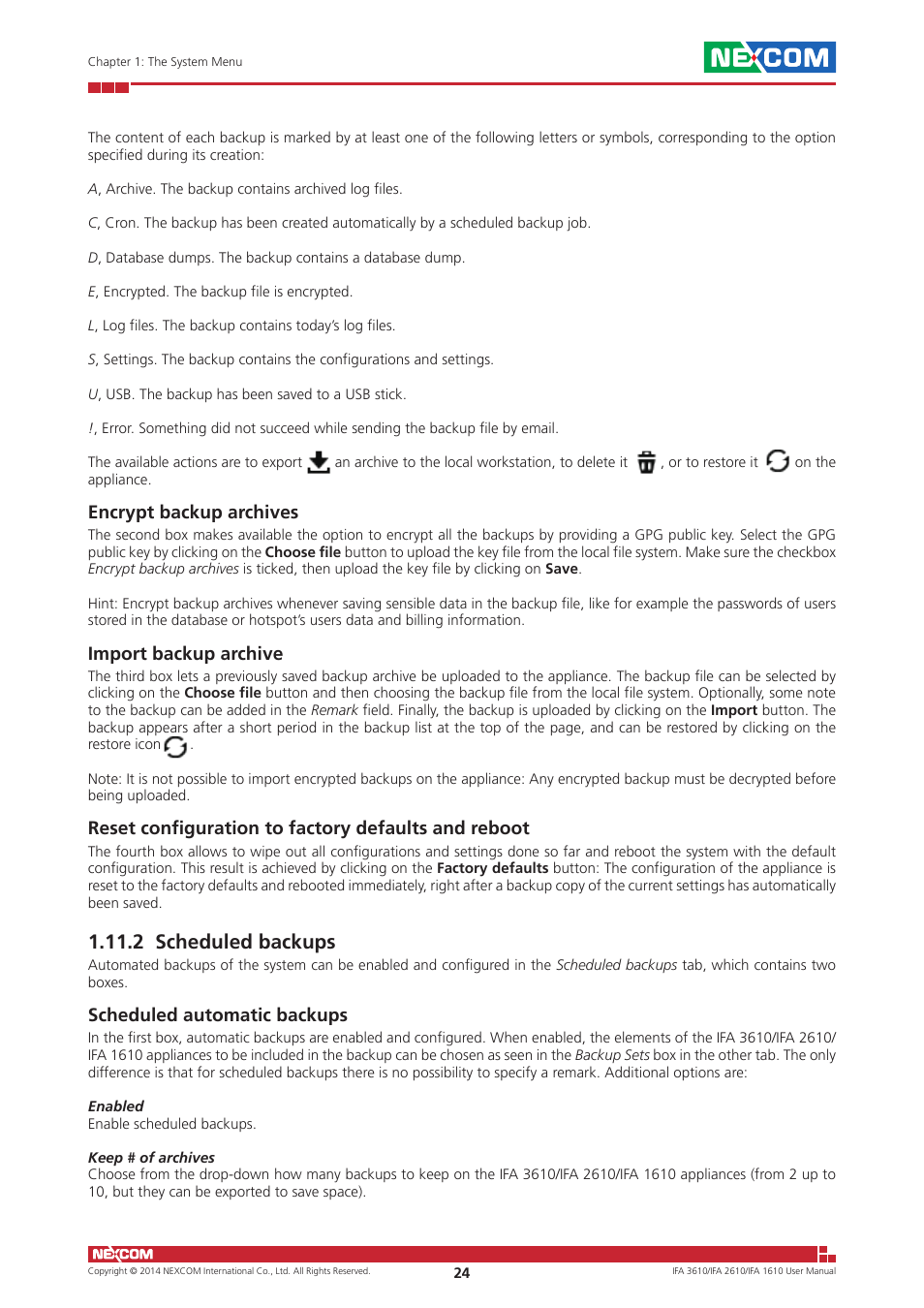 2 scheduled backups, Encrypt backup archives, Import backup archive | Reset configuration to factory defaults and reboot, Scheduled automatic backups | NEXCOM IFA 1610 User Manual | Page 27 / 88