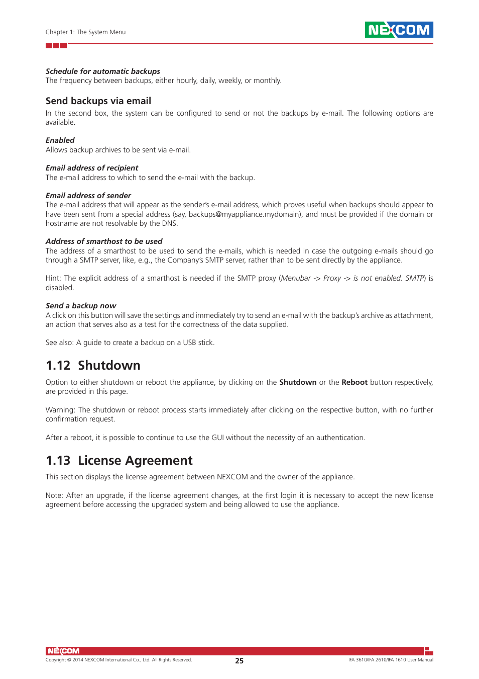 12 shutdown, 13 license agreement, 12 shutdown 1.13 license agreement | Send backups via email | NEXCOM IFA 1610 User Manual | Page 28 / 88