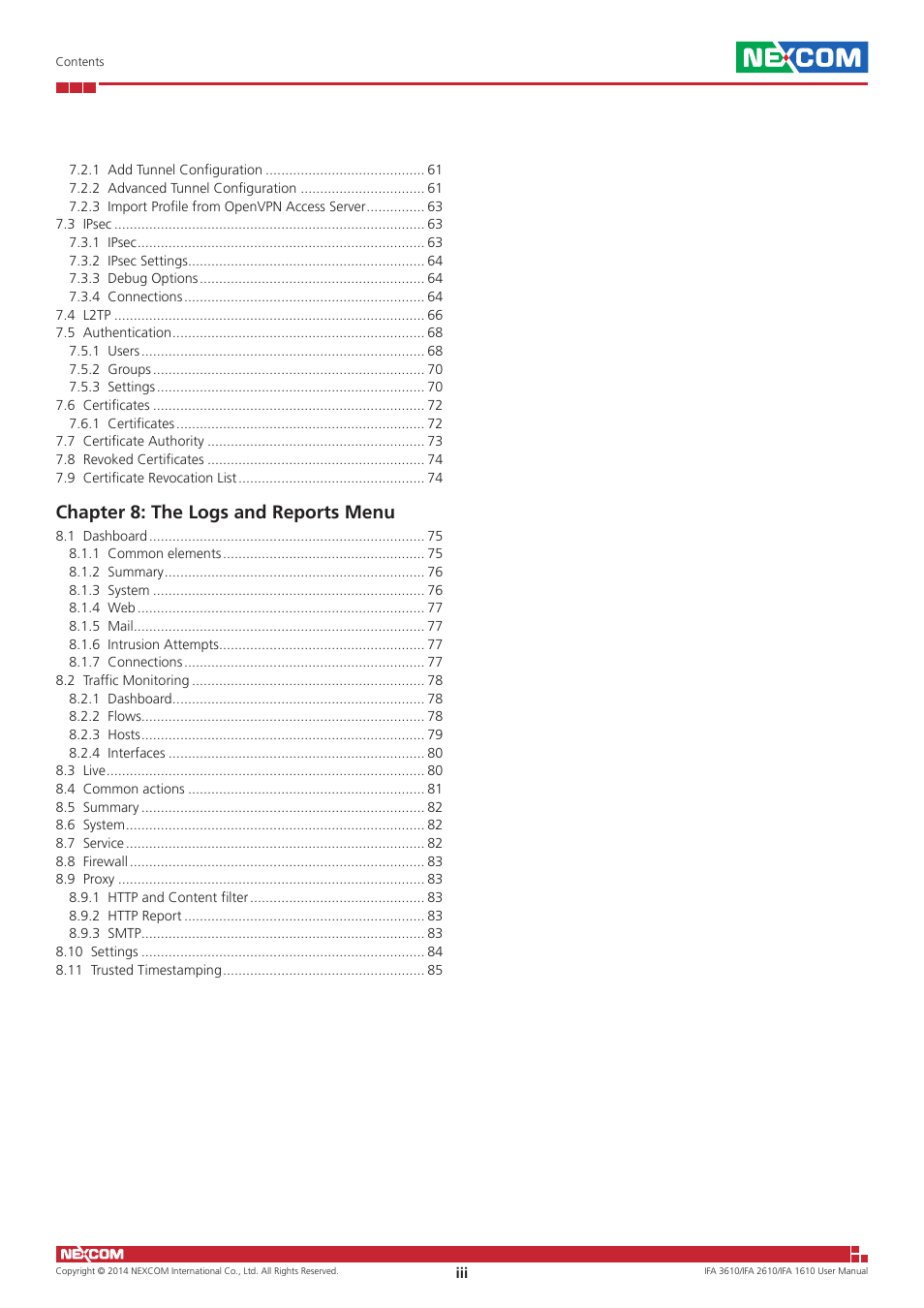 Chapter 8: the logs and reports menu | NEXCOM IFA 1610 User Manual | Page 3 / 88