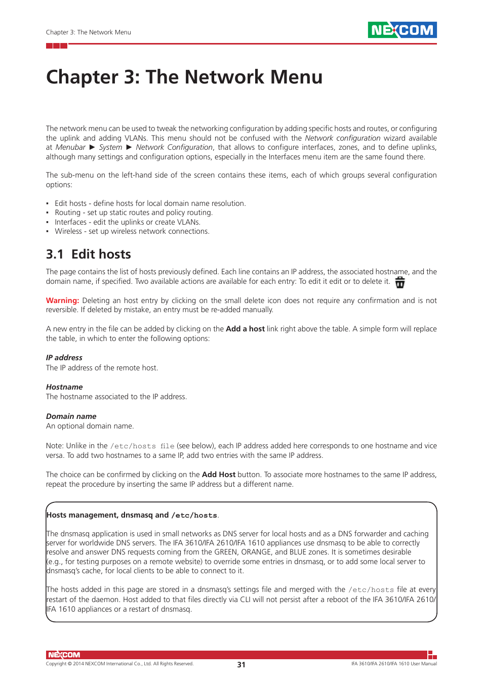 Chapter 3: the network menu, 1 edit hosts | NEXCOM IFA 1610 User Manual | Page 34 / 88