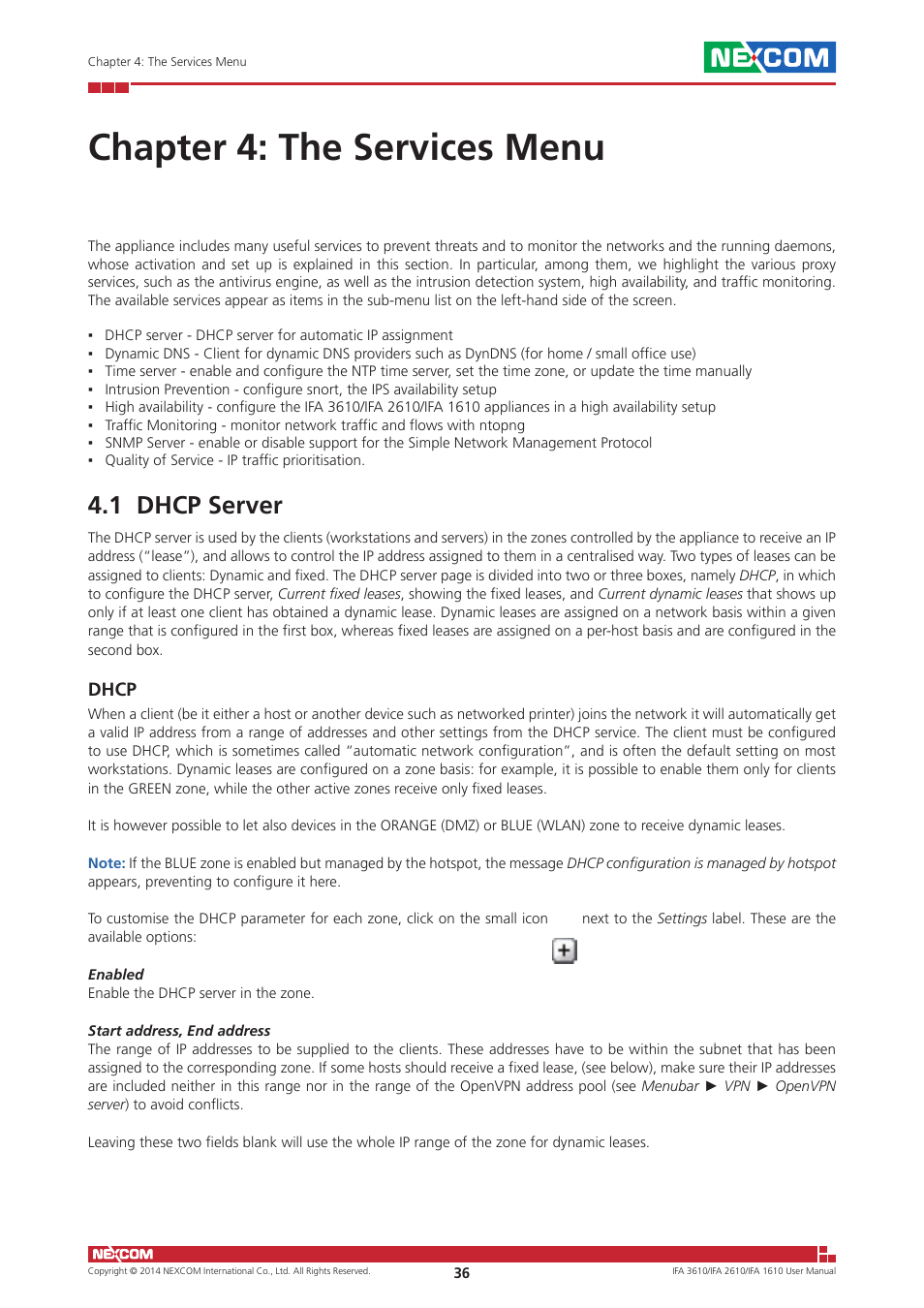 Chapter 4: the services menu, 1 dhcp server | NEXCOM IFA 1610 User Manual | Page 39 / 88