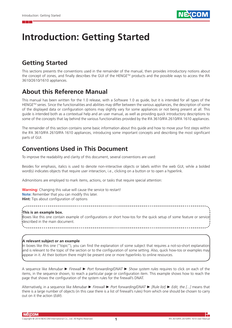 Introduction: getting started, Getting started, About this reference manual | Conventions used in this document | NEXCOM IFA 1610 User Manual | Page 4 / 88