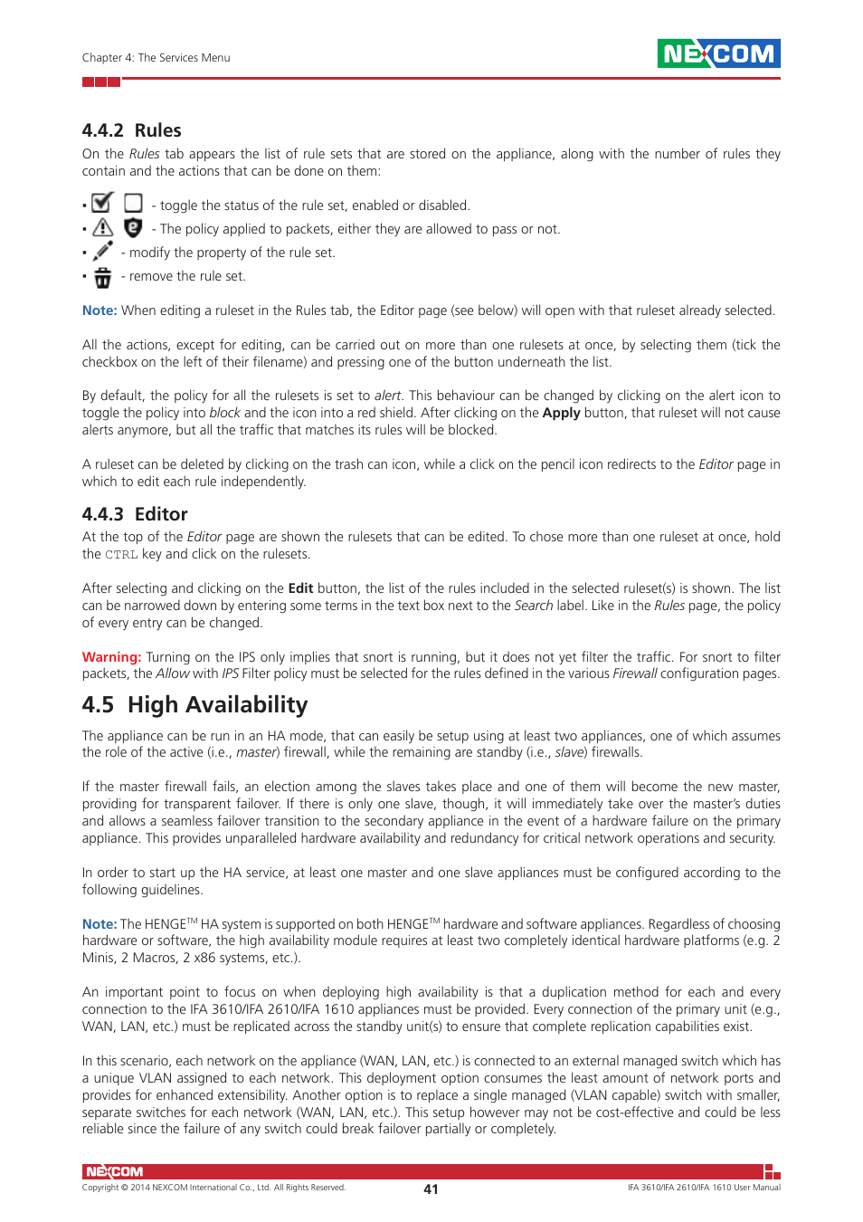 2 rules, 3 editor, 5 high availability | 2 rules 4.4.3 editor | NEXCOM IFA 1610 User Manual | Page 44 / 88