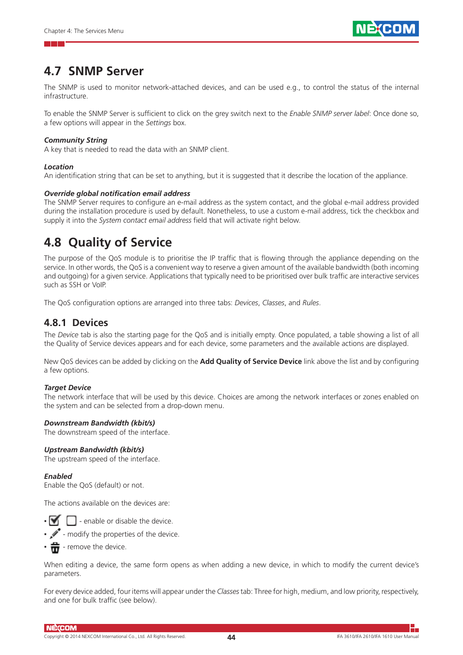 7 snmp server, 8 quality of service, 1 devices | 7 snmp server 4.8 quality of service | NEXCOM IFA 1610 User Manual | Page 47 / 88