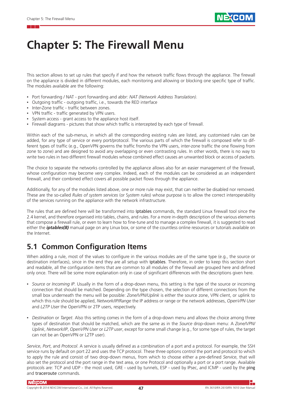 Chapter 5: the firewall menu, 1 common configuration items | NEXCOM IFA 1610 User Manual | Page 50 / 88
