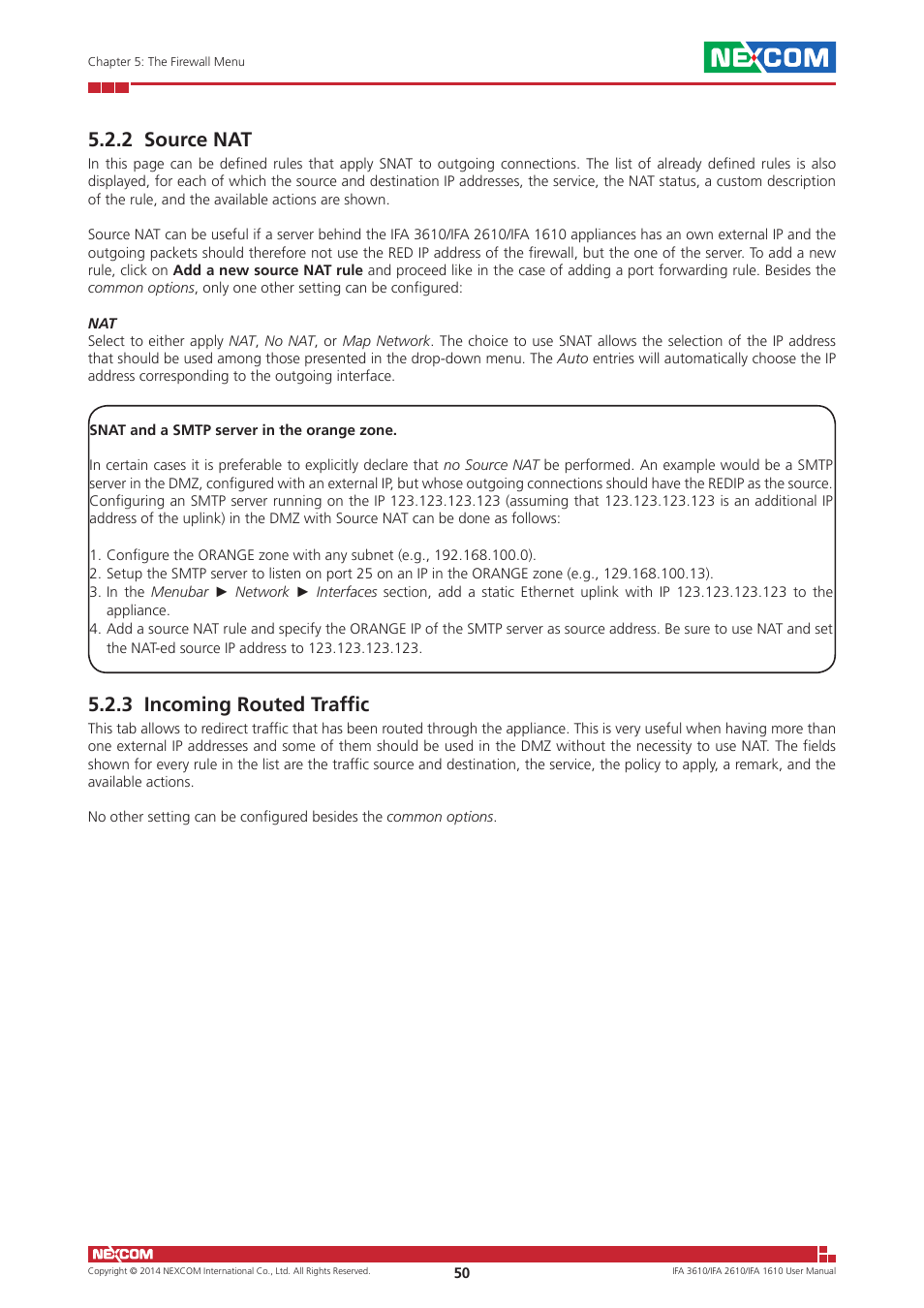 2 source nat, 3 incoming routed traffic, 2 source nat 5.2.3 incoming routed traffic | NEXCOM IFA 1610 User Manual | Page 53 / 88