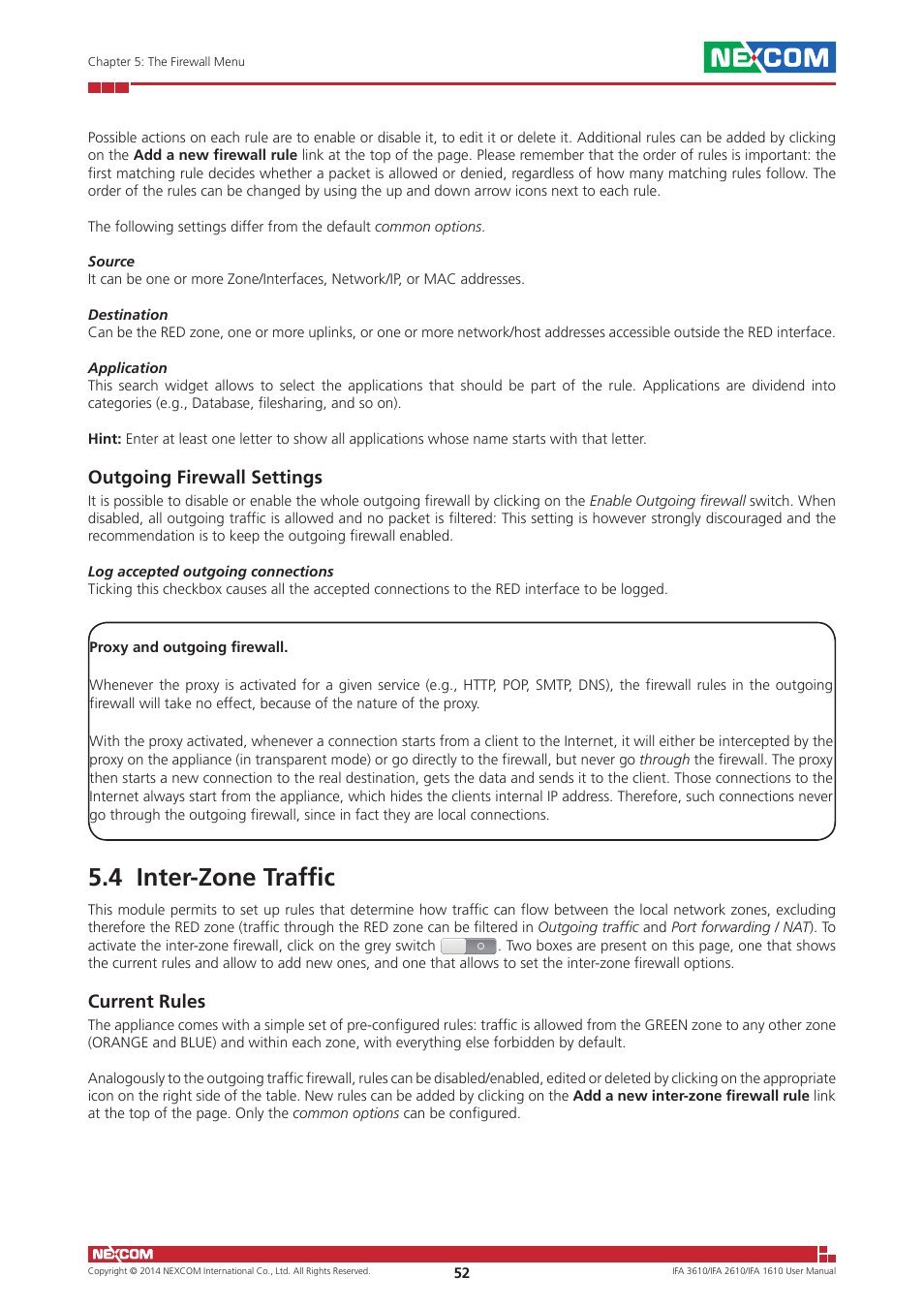 4 inter-zone traffic, Outgoing firewall settings, Current rules | NEXCOM IFA 1610 User Manual | Page 55 / 88