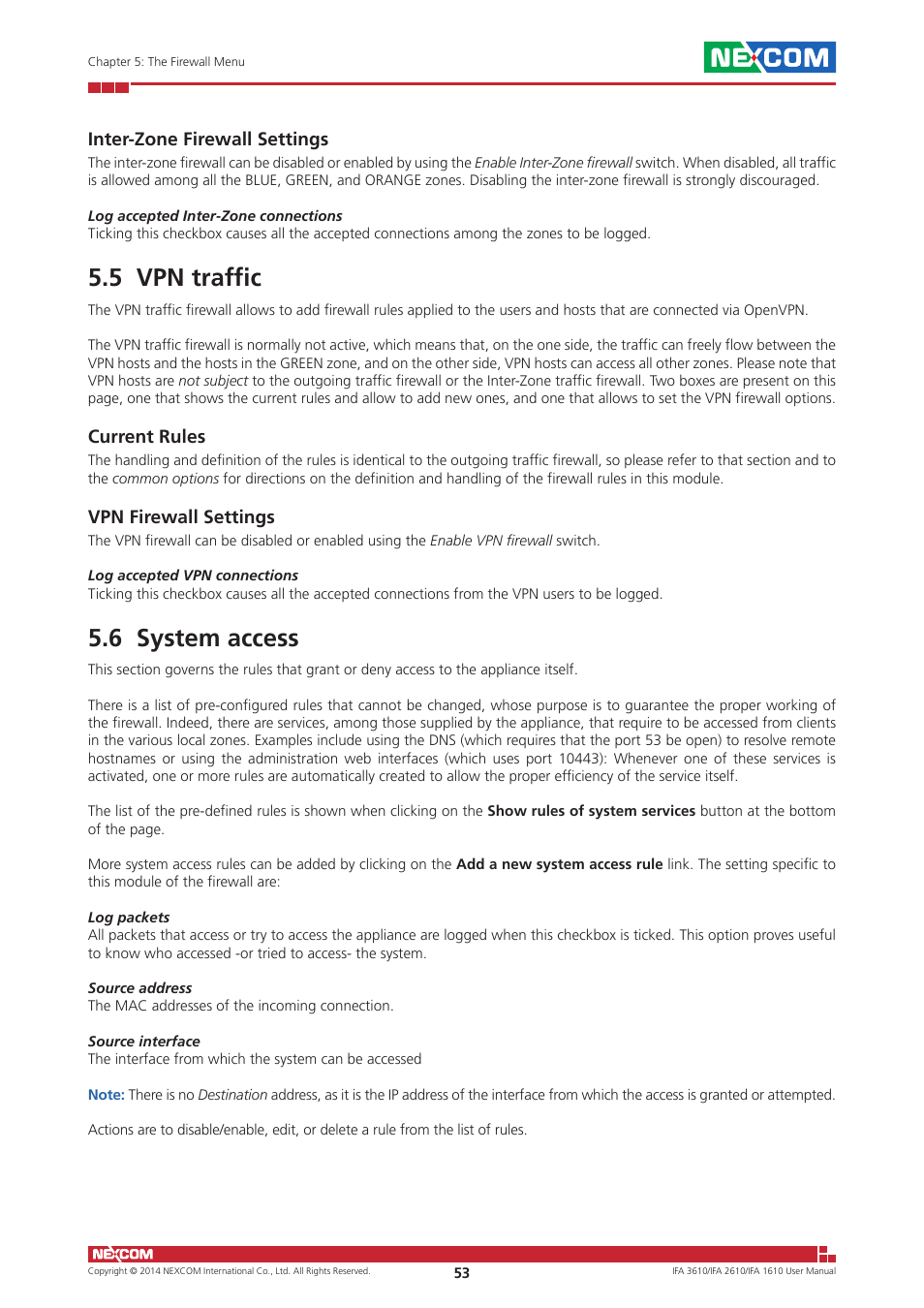 5 vpn traffic, 6 system access, 5 vpn traffic 5.6 system access | NEXCOM IFA 1610 User Manual | Page 56 / 88