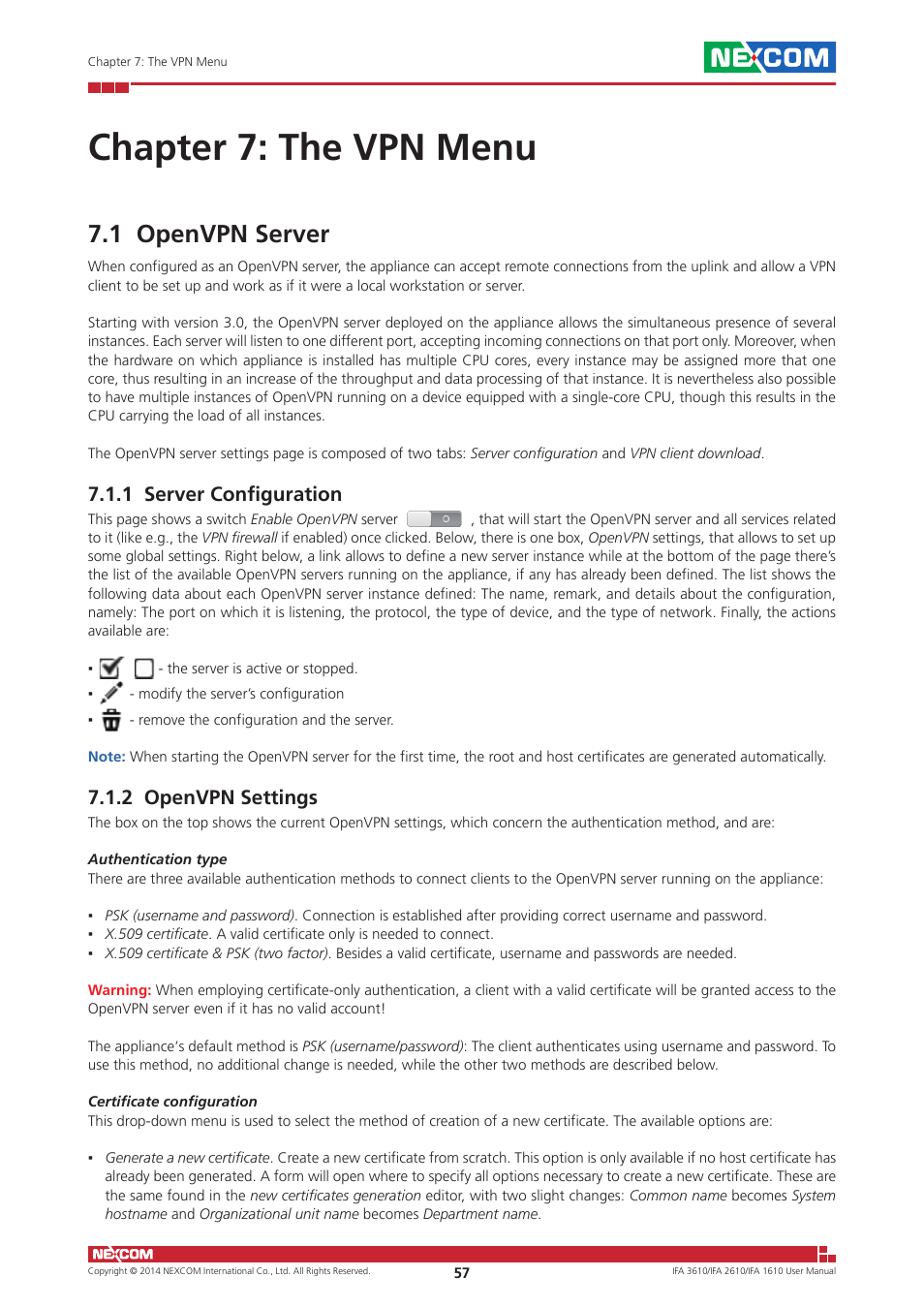 Chapter 7: the vpn menu, 1 openvpn server, 1 server configuration | 2 openvpn settings, 1 server configuration 7.1.2 openvpn settings | NEXCOM IFA 1610 User Manual | Page 60 / 88