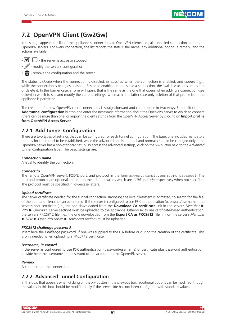 2 openvpn client (gw2gw), 1 add tunnel configuration, 2 advanced tunnel configuration | NEXCOM IFA 1610 User Manual | Page 64 / 88