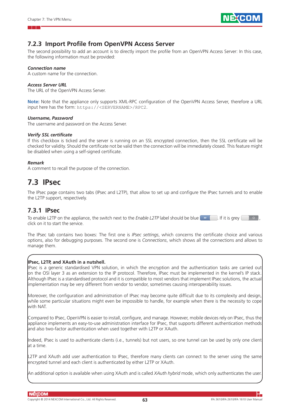 3 import profile from openvpn access server, 3 ipsec, 1 ipsec | NEXCOM IFA 1610 User Manual | Page 66 / 88