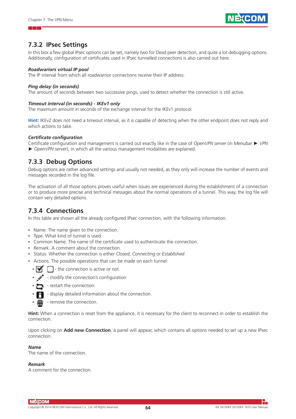 2 ipsec settings, 3 debug options, 4 connections | NEXCOM IFA 1610 User Manual | Page 67 / 88