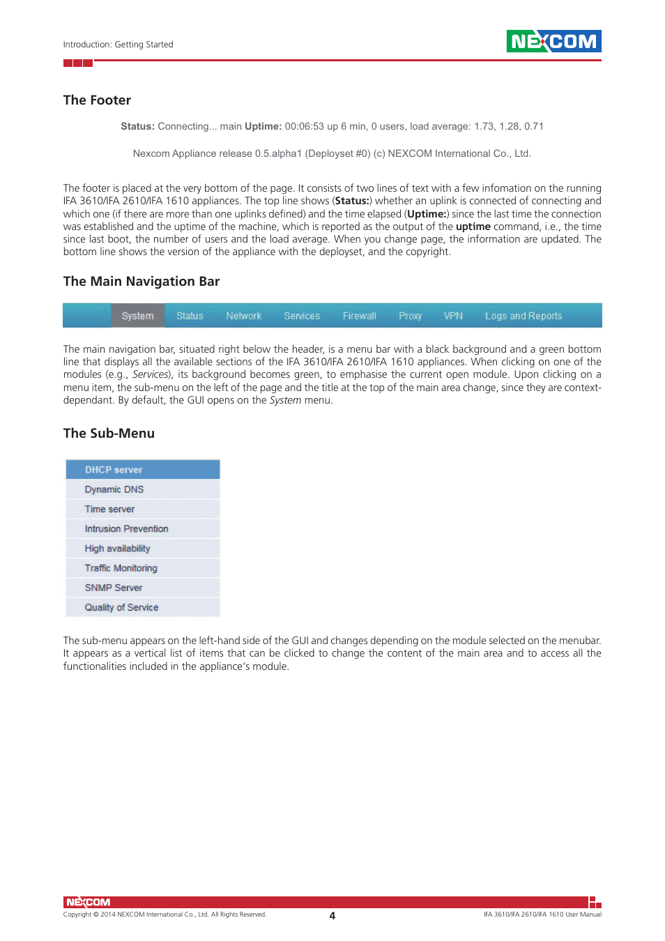 The footer the main navigation bar the sub-menu | NEXCOM IFA 1610 User Manual | Page 7 / 88