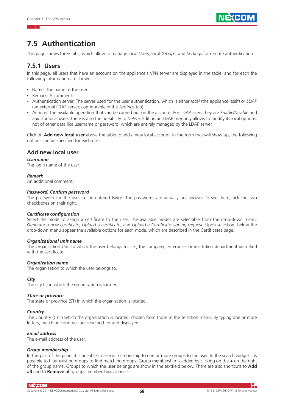 5 authentication, 1 users, Add new local user | NEXCOM IFA 1610 User Manual | Page 71 / 88