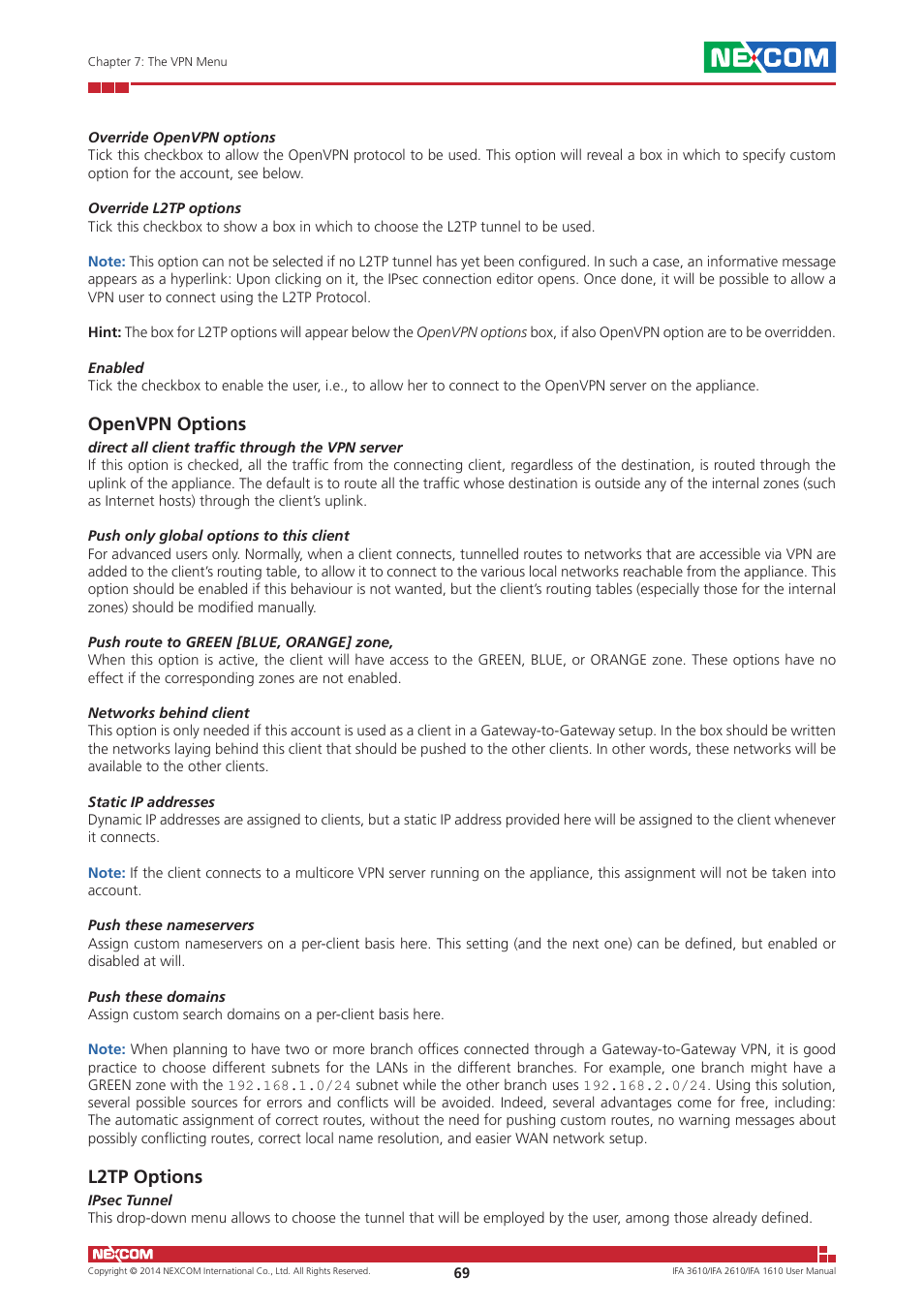 Openvpn options, L2tp options | NEXCOM IFA 1610 User Manual | Page 72 / 88