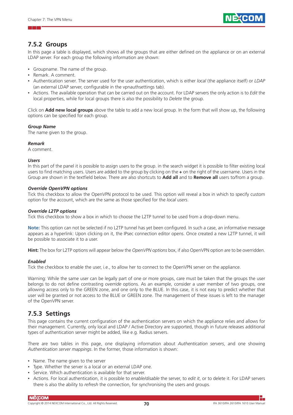 2 groups, 3 settings, 2 groups 7.5.3 settings | NEXCOM IFA 1610 User Manual | Page 73 / 88