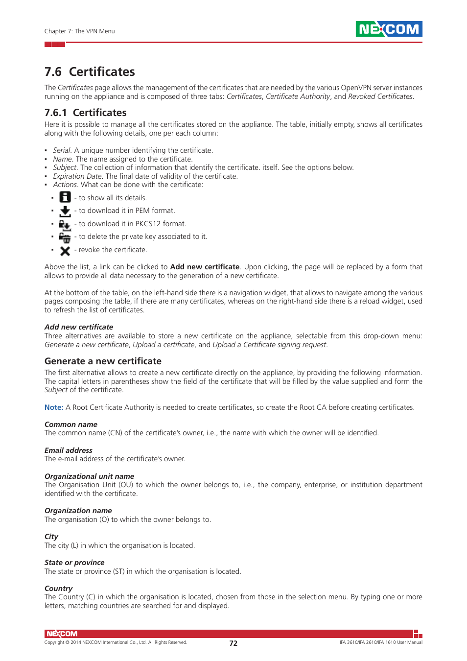 6 certificates, 1 certificates, Generate a new certificate | NEXCOM IFA 1610 User Manual | Page 75 / 88