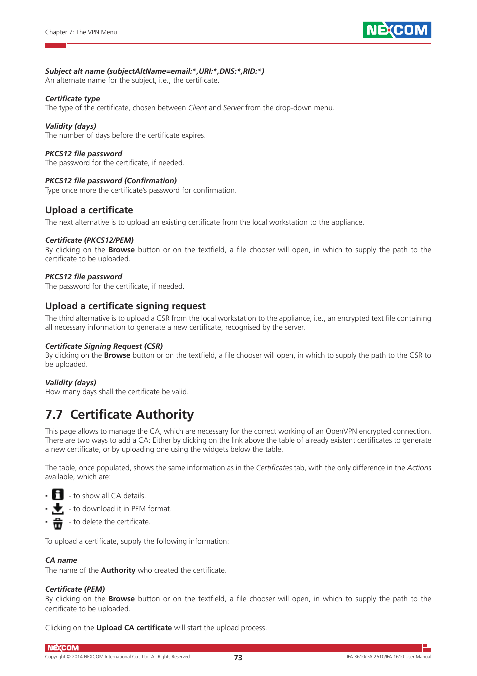 7 certificate authority, Upload a certificate, Upload a certificate signing request | NEXCOM IFA 1610 User Manual | Page 76 / 88