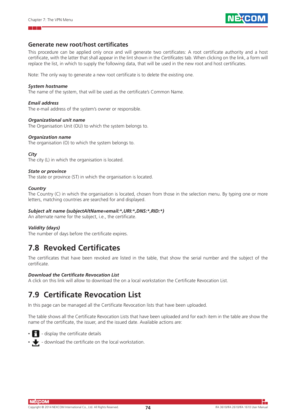 8 revoked certificates, 9 certificate revocation list, Generate new root/host certificates | NEXCOM IFA 1610 User Manual | Page 77 / 88