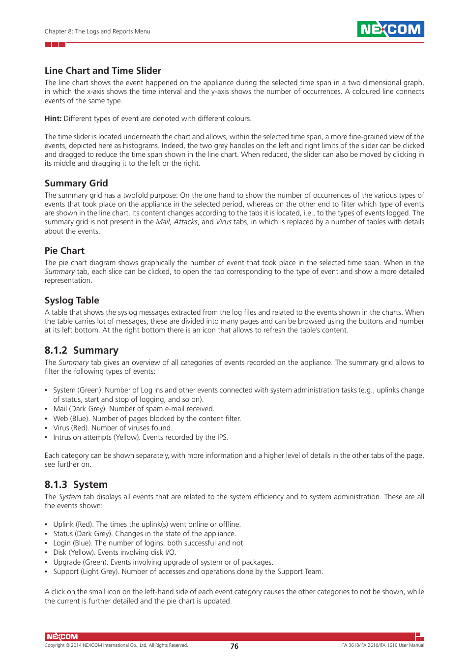 2 summary, 3 system, 2 summary 8.1.3 system | Line chart and time slider, Summary grid, Pie chart, Syslog table | NEXCOM IFA 1610 User Manual | Page 79 / 88