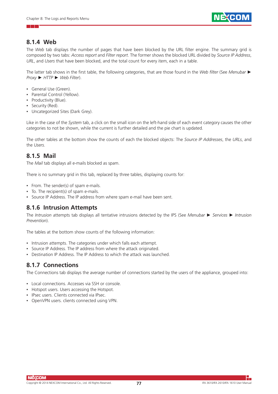 4 web, 5 mail, 6 intrusion attempts | 7 connections | NEXCOM IFA 1610 User Manual | Page 80 / 88