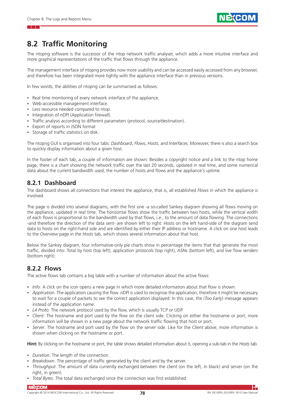 2 traffic monitoring, 1 dashboard, 2 flows | 1 dashboard 8.2.2 flows | NEXCOM IFA 1610 User Manual | Page 81 / 88