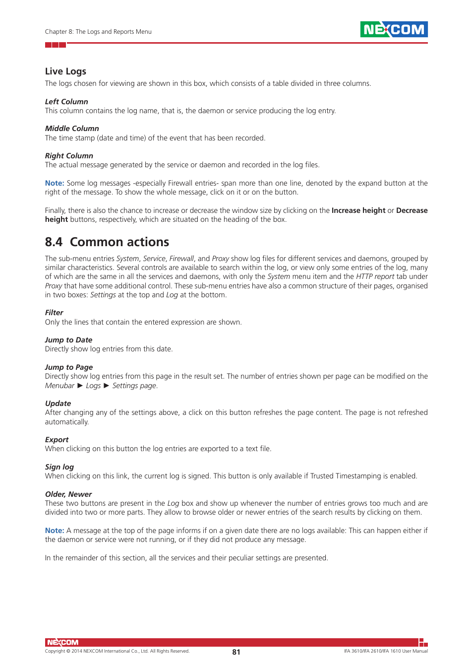 4 common actions, Live logs | NEXCOM IFA 1610 User Manual | Page 84 / 88