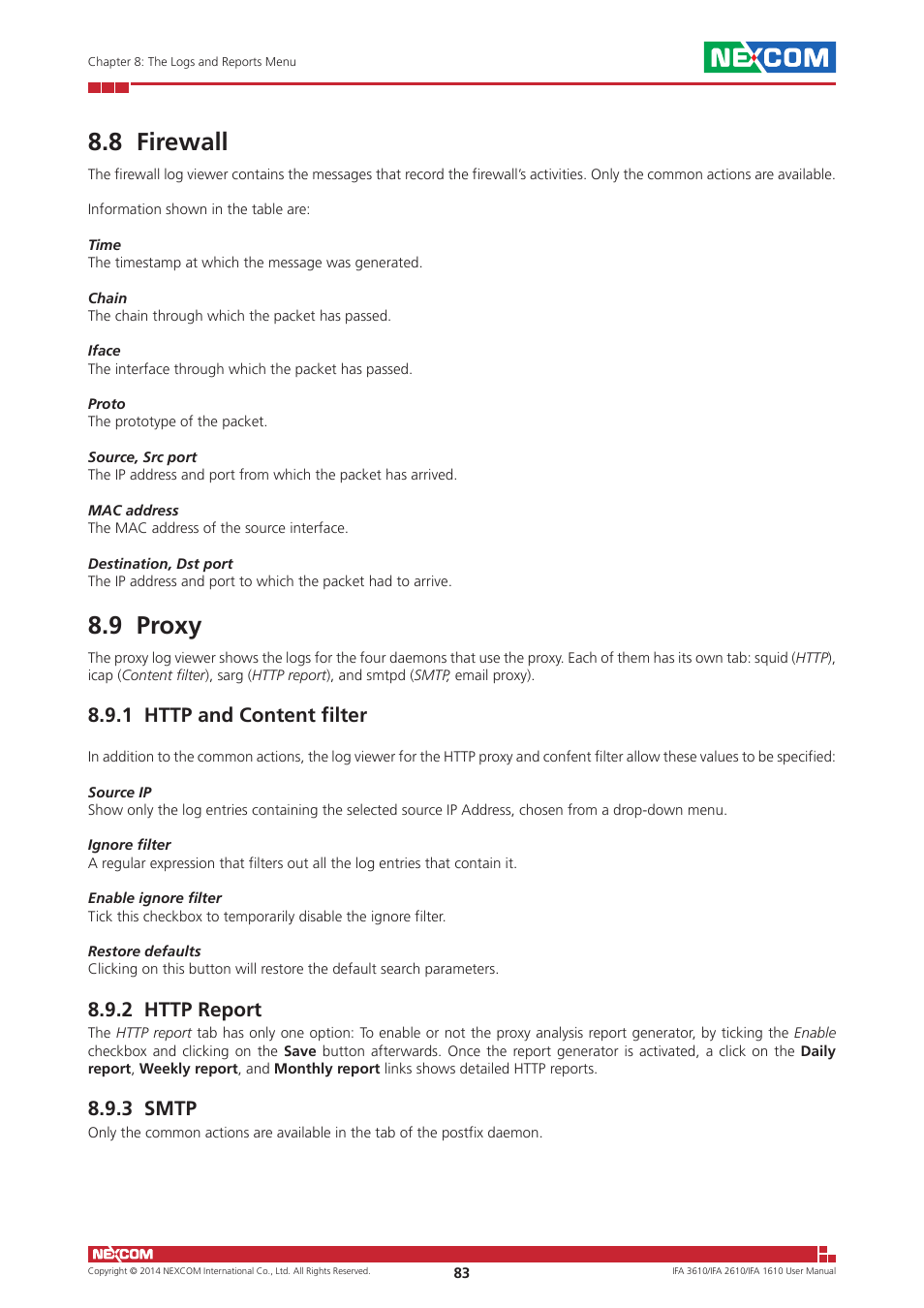 8 firewall, 9 proxy, 1 http and content filter | 2 http report, 3 smtp, 8 firewall 8.9 proxy | NEXCOM IFA 1610 User Manual | Page 86 / 88