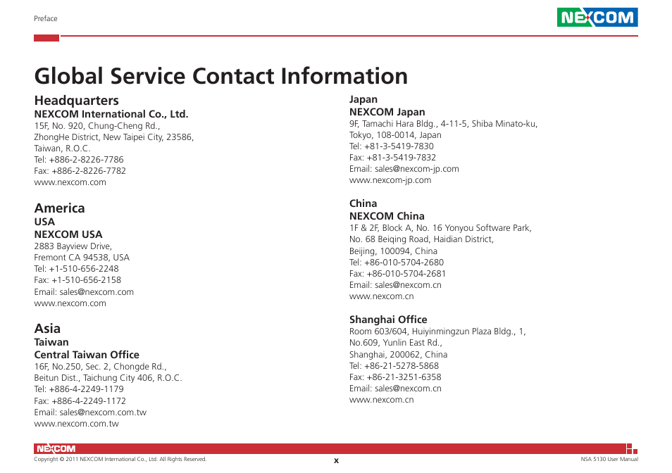 Global service contact information, Headquarters, America | Asia | NEXCOM NSA 5130 User Manual | Page 10 / 107
