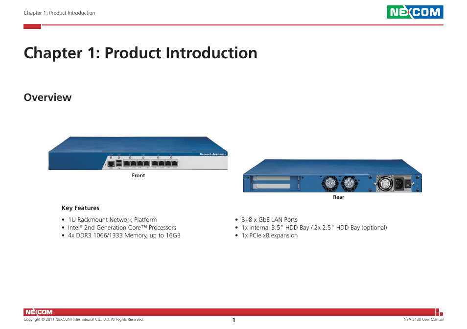 Chapter 1: product introduction, Overview | NEXCOM NSA 5130 User Manual | Page 14 / 107
