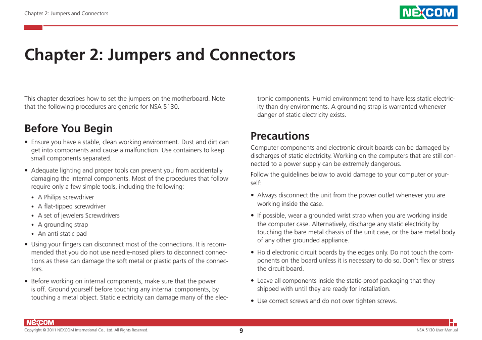Chapter 2: jumpers and connectors, Before you begin, Precautions | NEXCOM NSA 5130 User Manual | Page 22 / 107