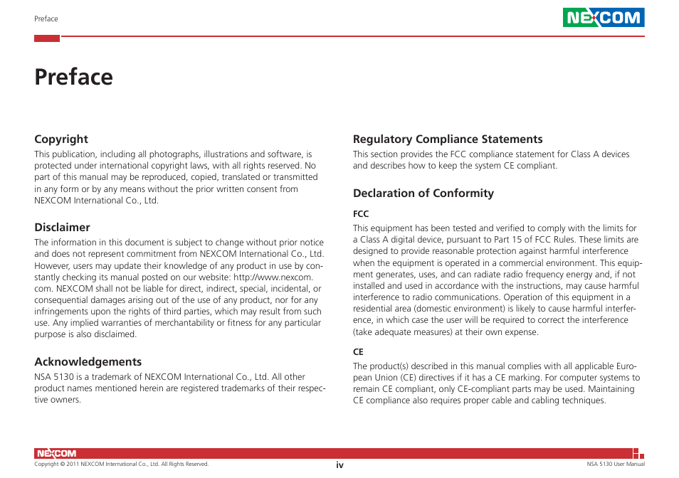 Preface | NEXCOM NSA 5130 User Manual | Page 4 / 107