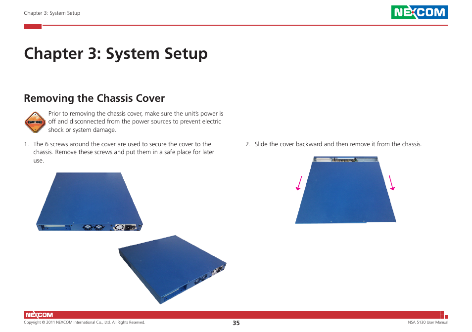 Chapter 3: system setup, Removing the chassis cover | NEXCOM NSA 5130 User Manual | Page 48 / 107