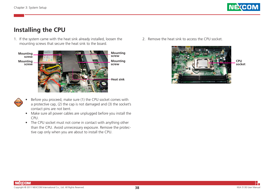 Installing the cpu | NEXCOM NSA 5130 User Manual | Page 51 / 107