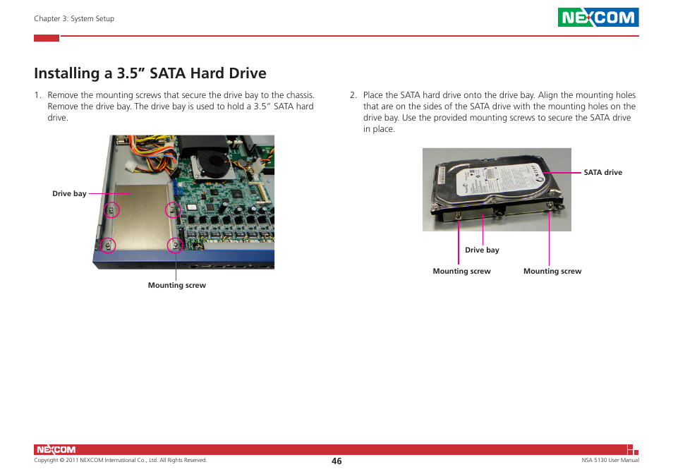 Installing a 3.5” sata hard drive | NEXCOM NSA 5130 User Manual | Page 59 / 107