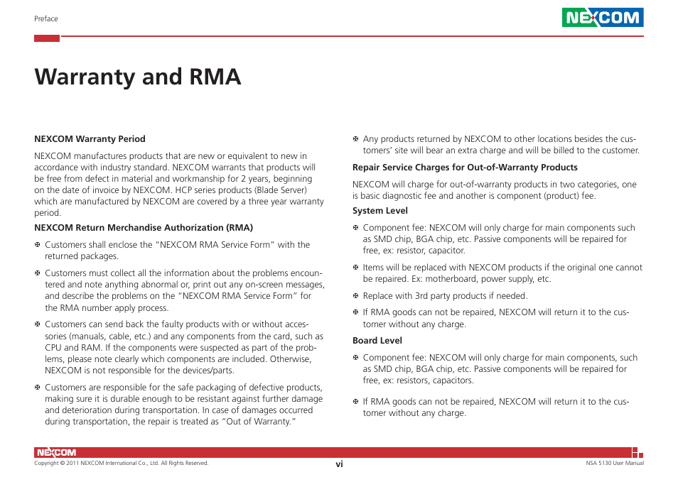 Warranty and rma | NEXCOM NSA 5130 User Manual | Page 6 / 107