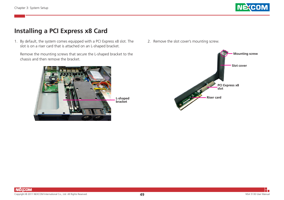 Installing a pci express x8 card | NEXCOM NSA 5130 User Manual | Page 62 / 107