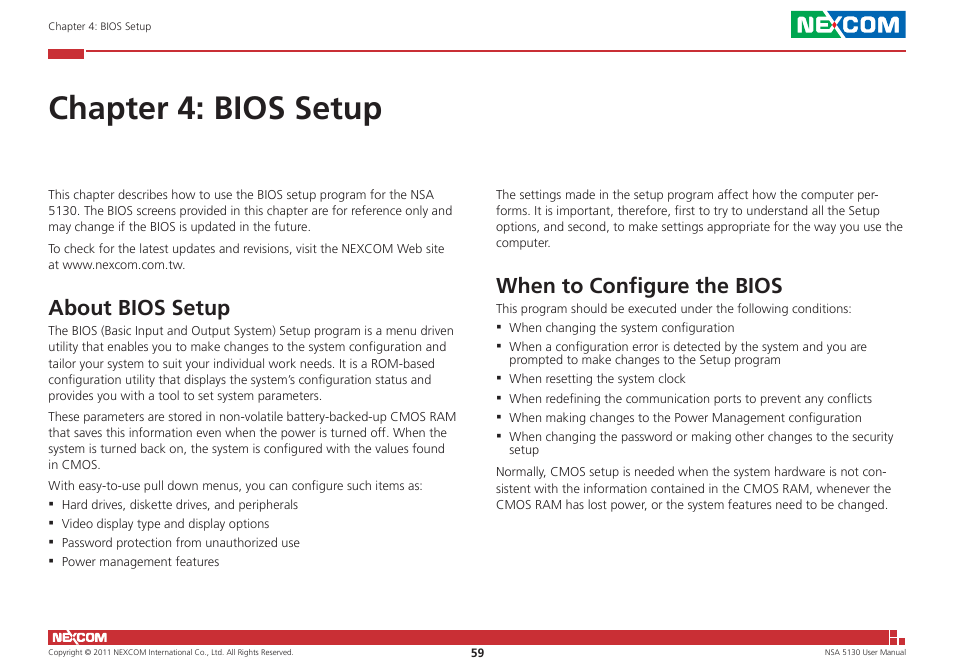 Chapter 4: bios setup, About bios setup, When to configure the bios | NEXCOM NSA 5130 User Manual | Page 72 / 107