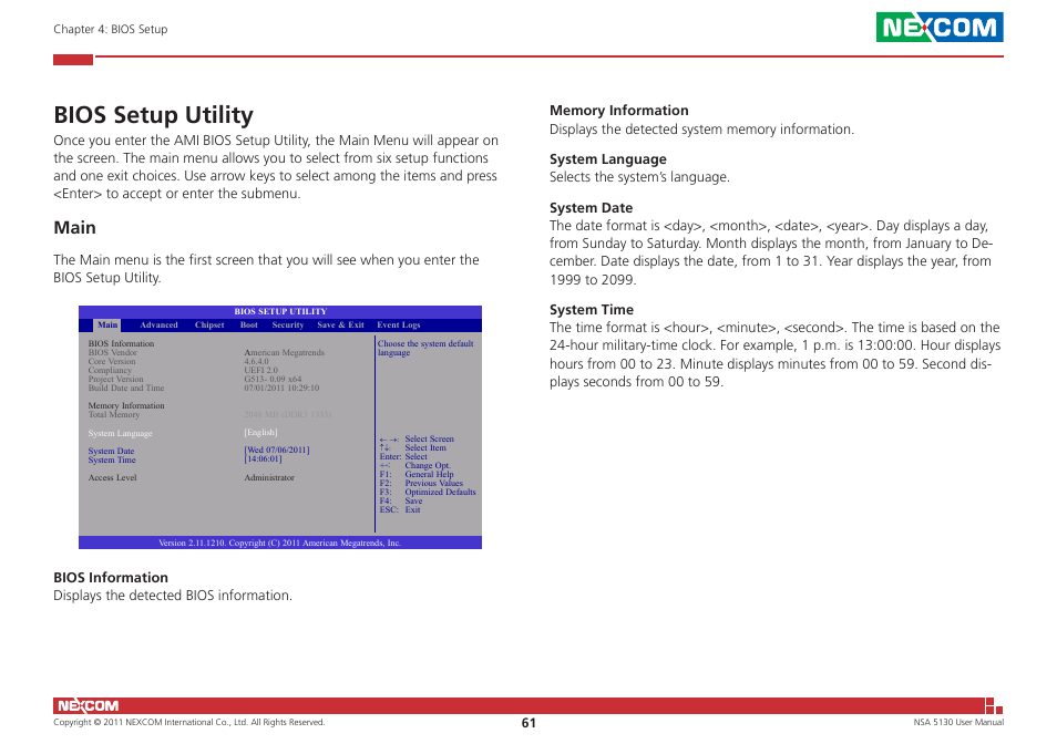 Bios setup utility, Main | NEXCOM NSA 5130 User Manual | Page 74 / 107