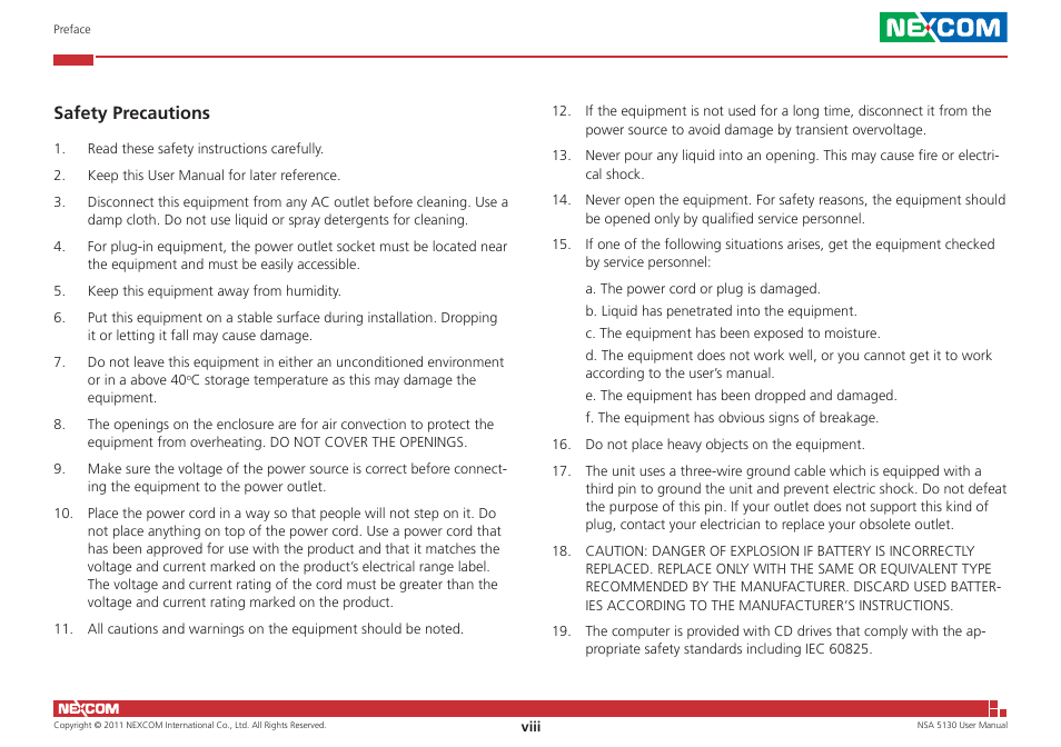 Safety precautions | NEXCOM NSA 5130 User Manual | Page 8 / 107