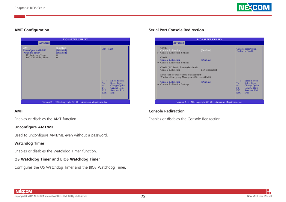 Amt configuration, Serial port console redirection | NEXCOM NSA 5130 User Manual | Page 88 / 107