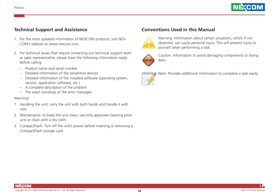 Conventions used in this manual, Technical support and assistance | NEXCOM NSA 5130 User Manual | Page 9 / 107