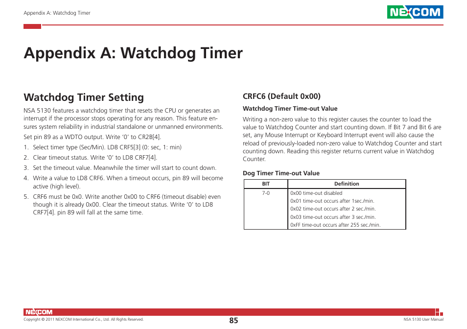 Appendix a: watchdog timer, Watchdog timer setting | NEXCOM NSA 5130 User Manual | Page 98 / 107