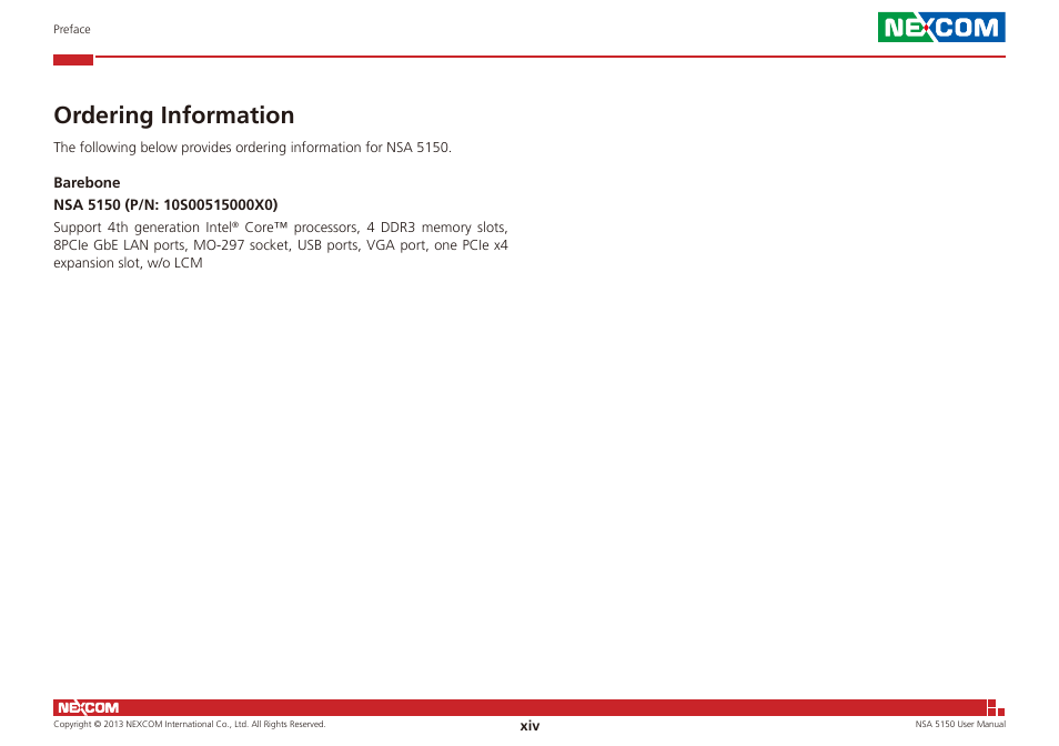 Ordering information | NEXCOM NSA 5150 User Manual | Page 14 / 84