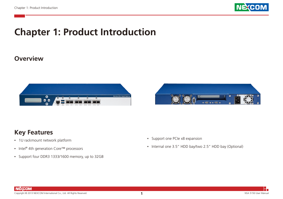 Chapter 1: product introduction, Overview key features, Key features | Overview | NEXCOM NSA 5150 User Manual | Page 15 / 84