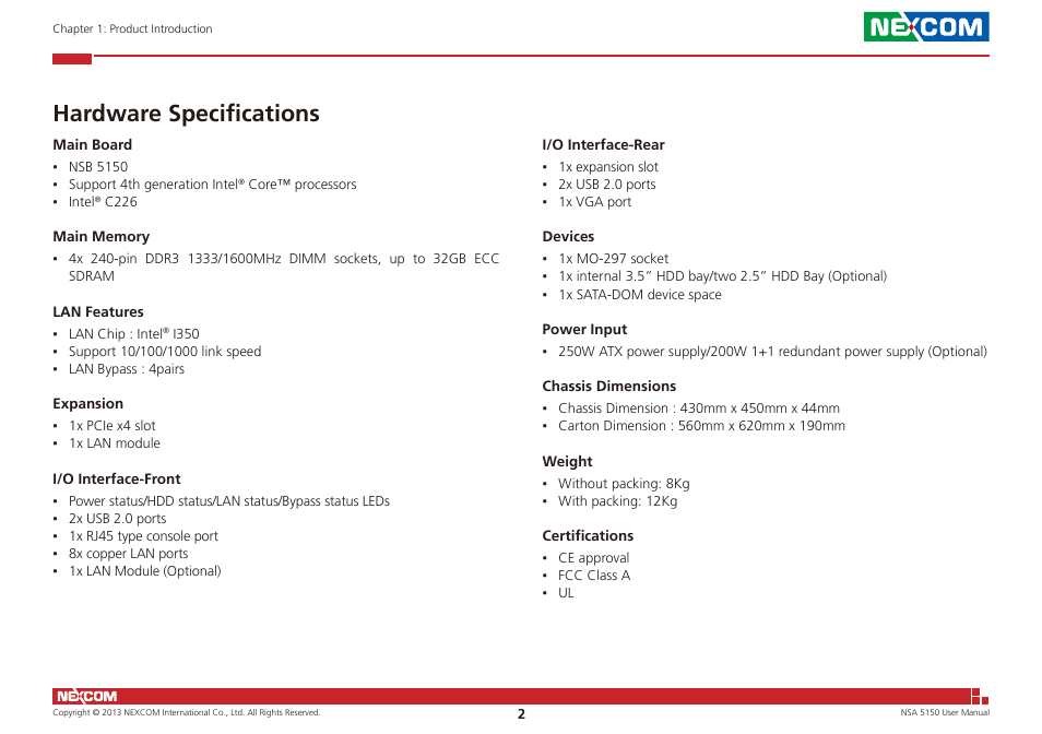 Hardware specifications | NEXCOM NSA 5150 User Manual | Page 16 / 84