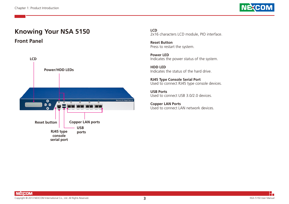 Knowing your nsa 5150, Front panel | NEXCOM NSA 5150 User Manual | Page 17 / 84