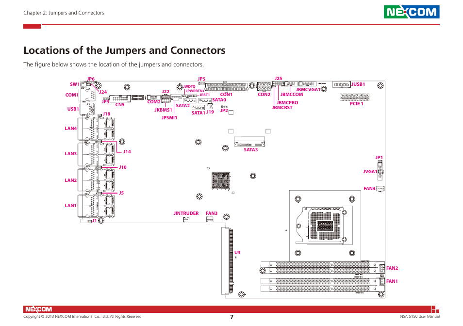 Locations of the jumpers and connectors | NEXCOM NSA 5150 User Manual | Page 21 / 84
