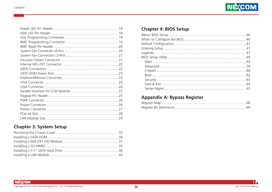 Chapter 3: system setup, Chapter 4: bios setup, Appendix a: bypass register | NEXCOM NSA 5150 User Manual | Page 3 / 84